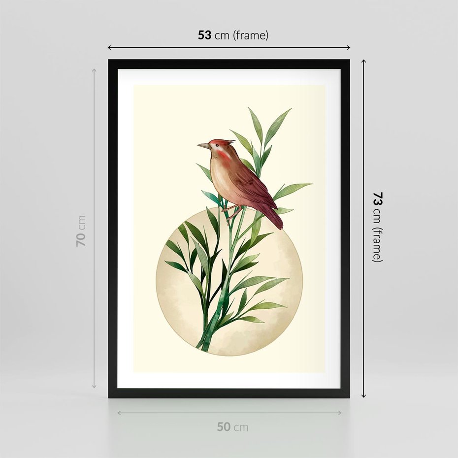 Plakat w ramie 50x70 - Rozkwitająca Delikatność - japońska sztuka, ptak - rama czarna