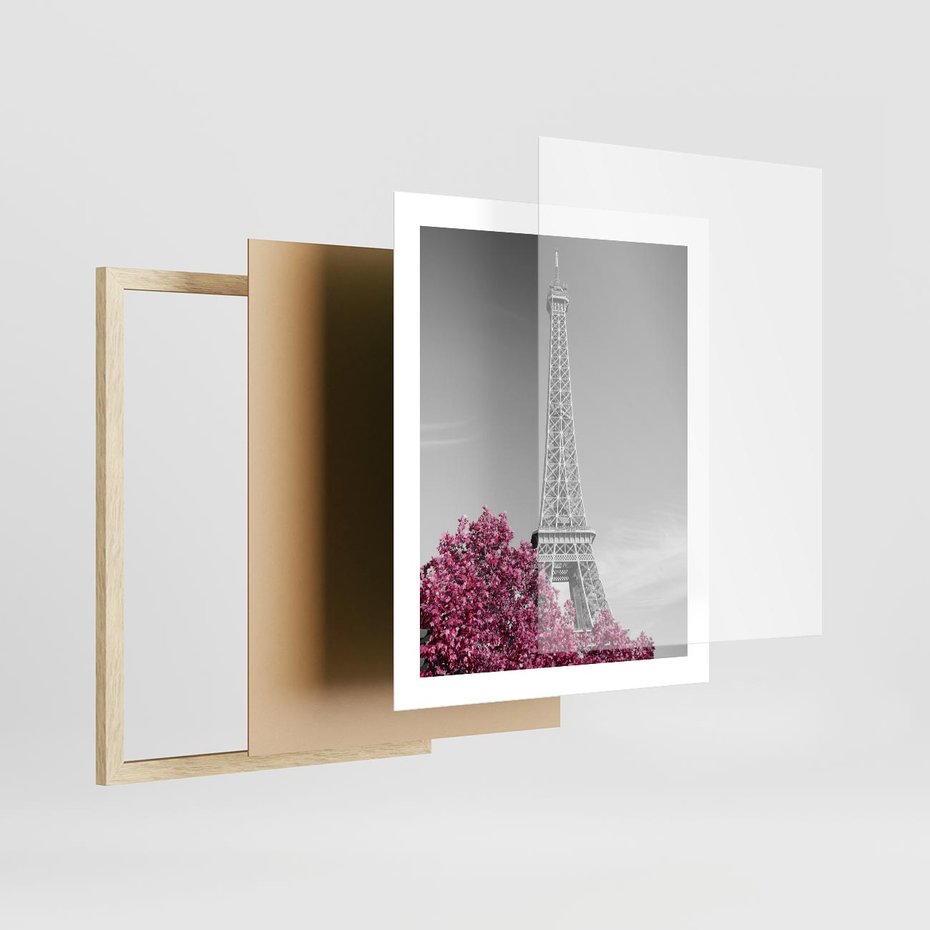 Plakat w ramie 40x50 - Różowy Paryż - czarno białe zdjęcie, wieża eiffla - rama drewno