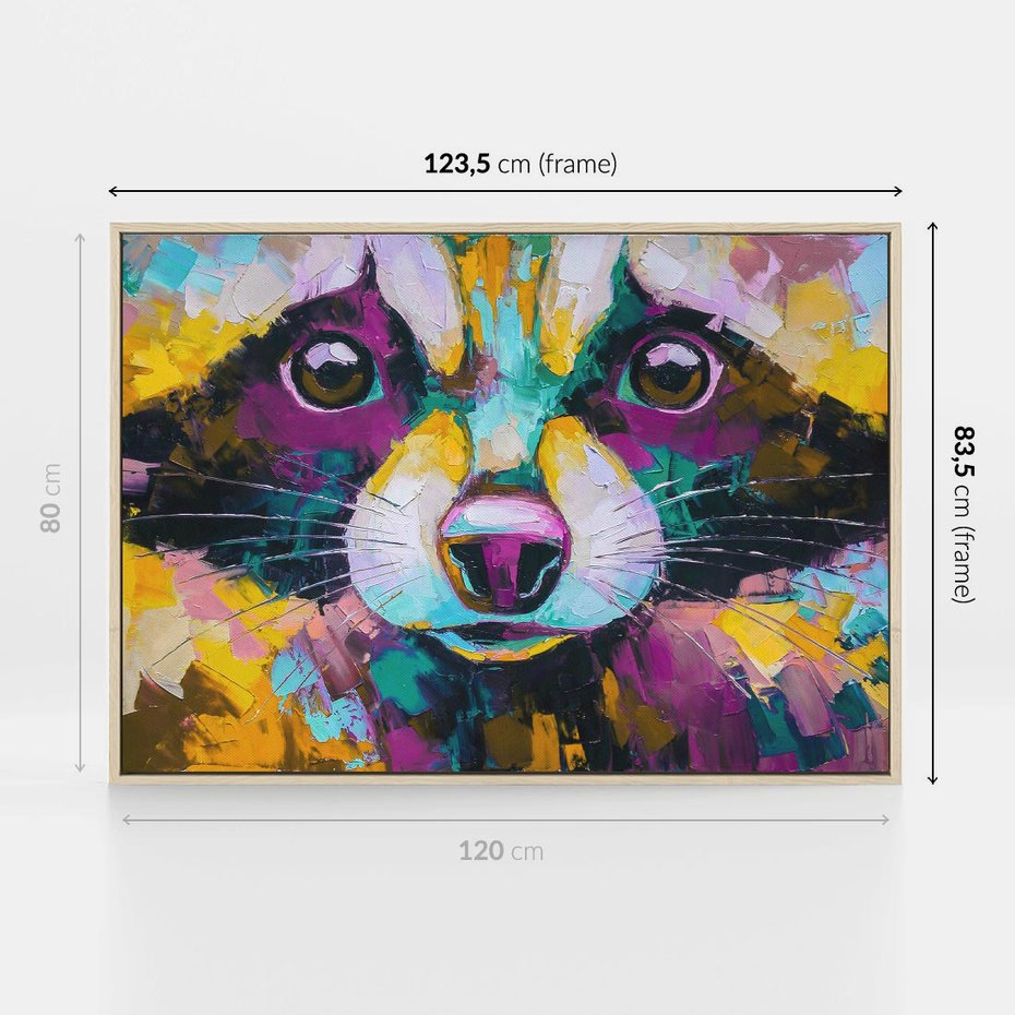 Obraz w ramie 120x80 - Przebudzenie snu artysty - zbliżenie, kolorowy portret szopa pracza - rama drewno