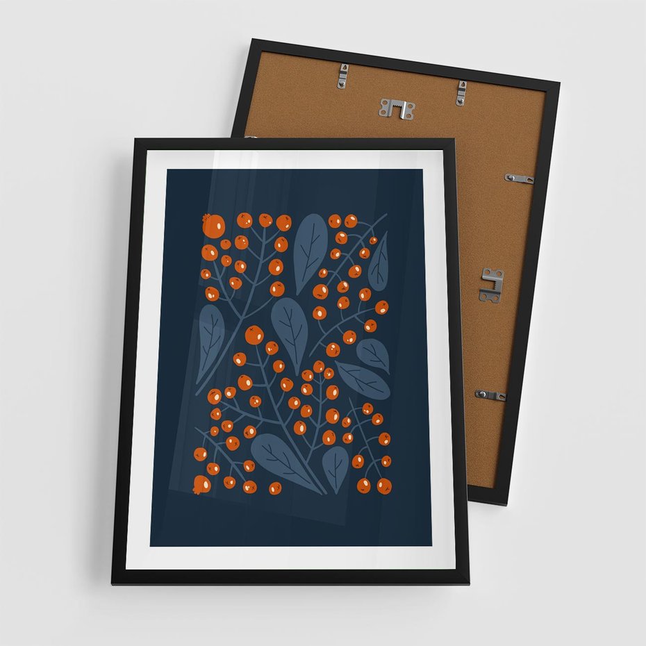 Plakat w ramie 50x70 - Symfonia liści i owoców - granatowe tło, pomarańczowe owoce jarzębiny - rama czarna