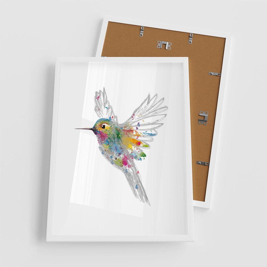 Plakat w ramie 50x70 - Koliber w akwareli - akwarela, koliber - rama biała