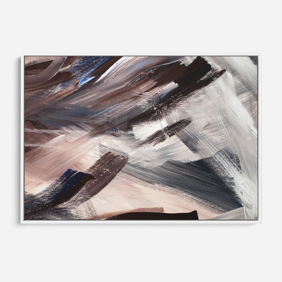 Obraz w ramie 70x50 - Eksploracja Dramaturgii - abstrakcyjny chaos, chatyczne maźnięcia pędzla - rama biała