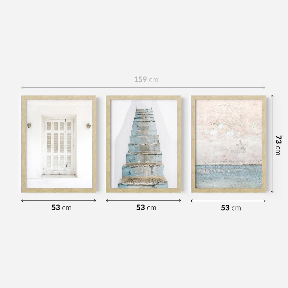 Zestaw obrazy w ramie 50x70 galeria - Turkus, Grecja, schody, okiennice - rama drewno