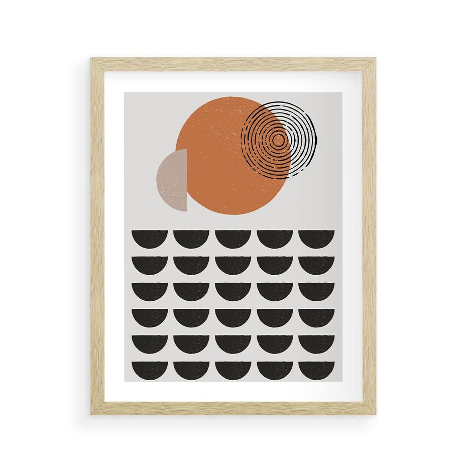 Plakat w ramie 40x50 - Geometryczna Ekspresja - geometryczny graficzny obraz, pomarańczowe koło - rama drewno