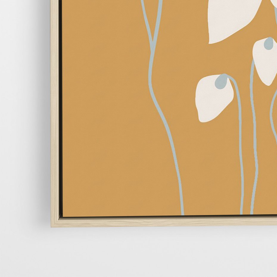 Obraz w ramie 80x120 - Kwiatowy Spektakl - minimalistyczne kwiaty, na pomarańczowym tle - rama drewno