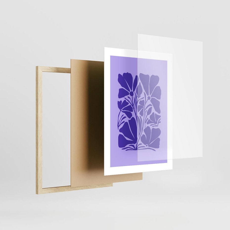 Plakat w ramie 30x40 - Migocące Boho Wibracje - kwiaty, energetyczne fioletowe tło - rama drewno
