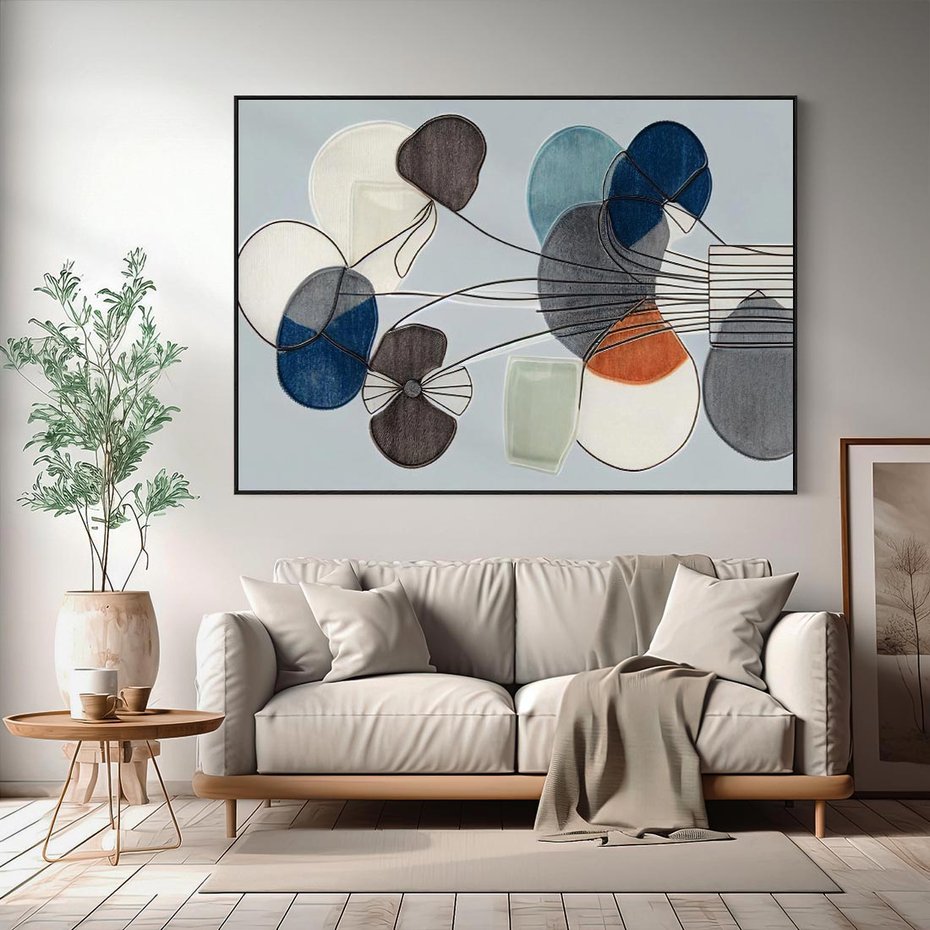 Obraz w ramie 70x50 - Plamy w Niebieskim - sztuka abstrakcyjna, linie - rama czarna