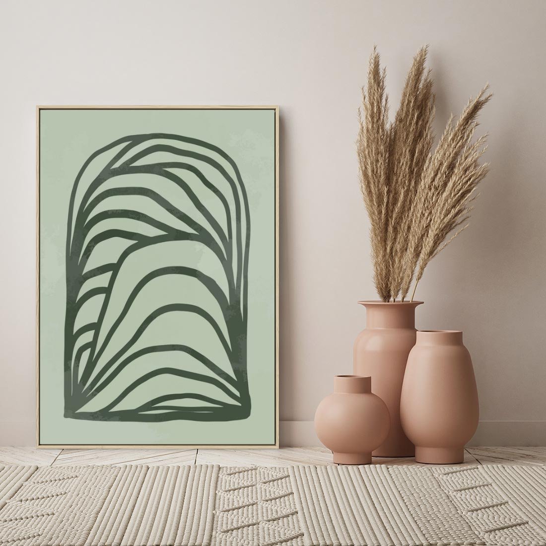Obraz w ramie 80x120 - Zielonkawy Uścisk Natury - abstrakcyjny zielony motyw, skandynawski design - rama drewno