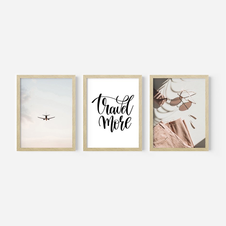 Zestaw obrazy w ramie 50x70 galeria - Wakacje, podróż, samolot, typografia - rama drewno