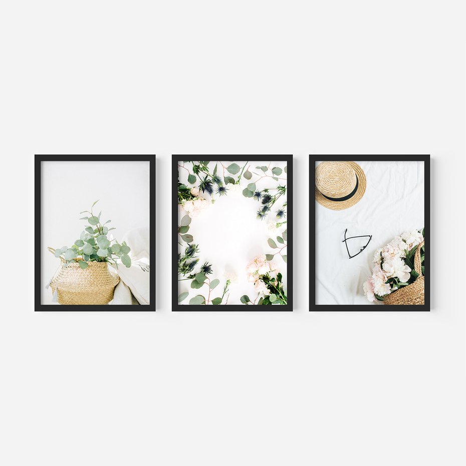 Zestaw obrazy w ramie 40x50 galeria - Kwiaty, koszyk, minimalizm, prostota - rama czarna