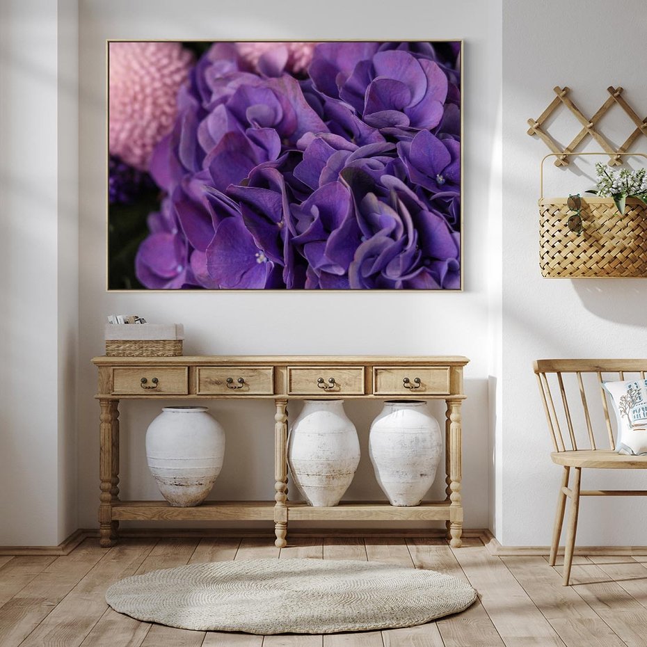 Obraz w ramie 70x50 - Fioletowa hortensja - kwiaty, hortensja - rama drewno