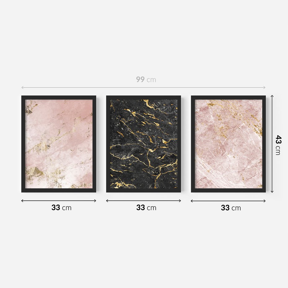 Zestaw obrazy w ramie 30x40 galeria - Marmur, złoto, róż, czerń - rama czarna