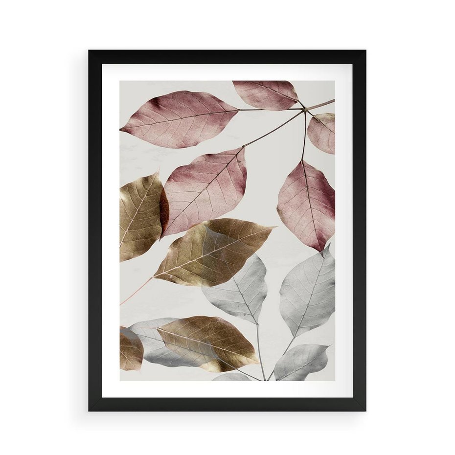 Plakat w ramie 50x70 - Pastelowe Liście z Nutką Złota - liście, pastelowe kolory - rama czarna