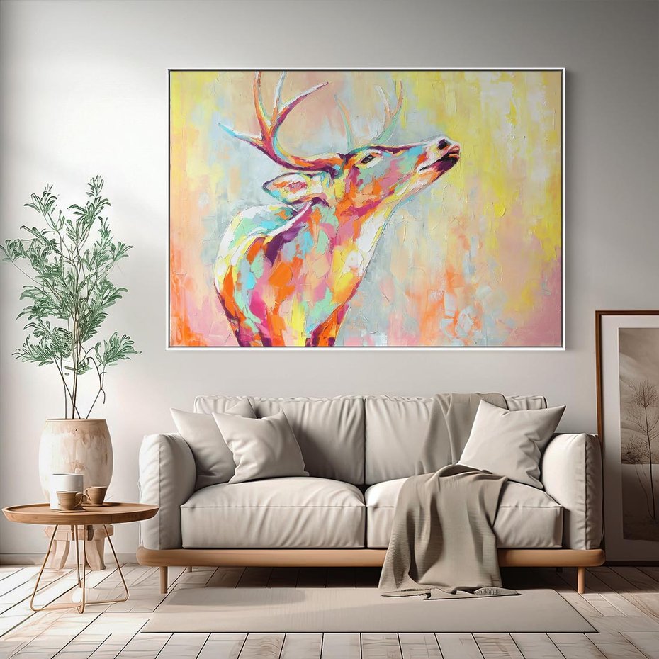 Obraz w ramie 70x50 - Impresje snów malarza - kolorowy olejny obraz, jeleń ryczący na rykowisku - rama biała