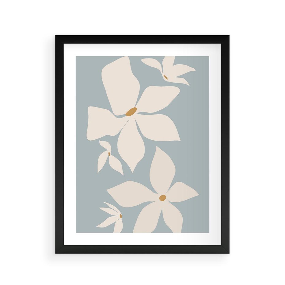 Plakat w ramie 40x50 - Błękit Kwiatów - kwiaty, nowoczesne i minimalistyczne - rama czarna