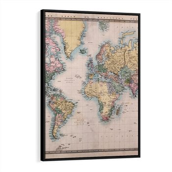 Obraz w ramie 50x70 - Światło Przeszłości - retro mapa świata, mapa - rama czarna