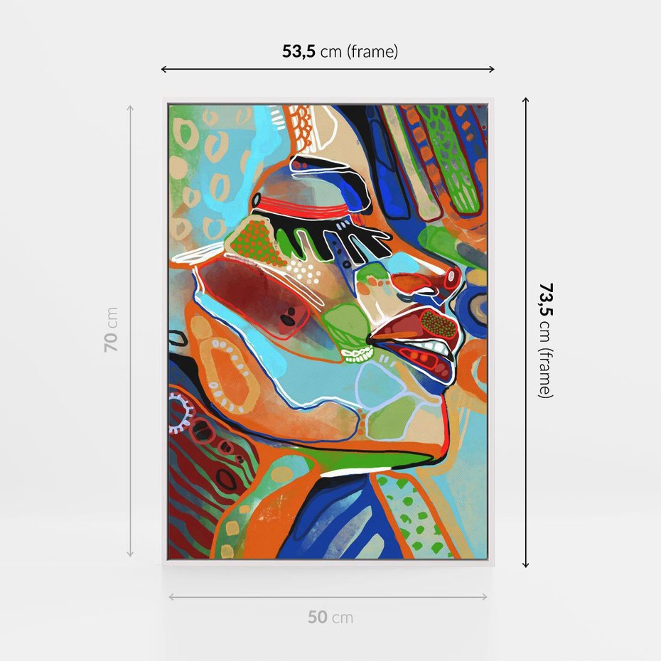 Obraz w ramie 50x70 - Kolorowe Wnętrza Kształtów - abstrakcyjny portret kobiety, twarz - rama biała