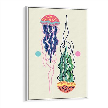 Obraz w ramie 70x100 - Morskie Pulsacje - nowoczesny optymistyczny plakat, kolorowe meduzy - rama biała