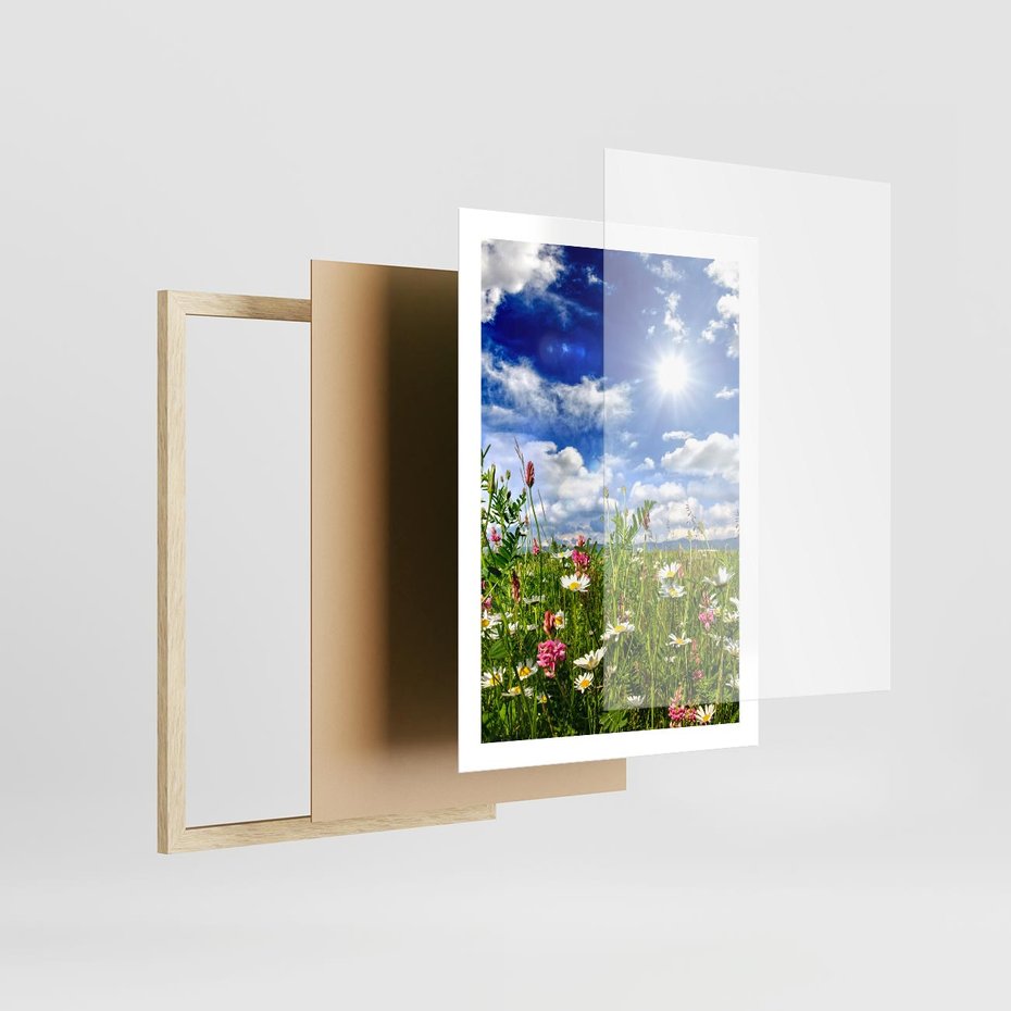 Plakat w ramie 50x70 - Niebiańska łąka pełna kwiatów - łąka, niebo - rama drewno