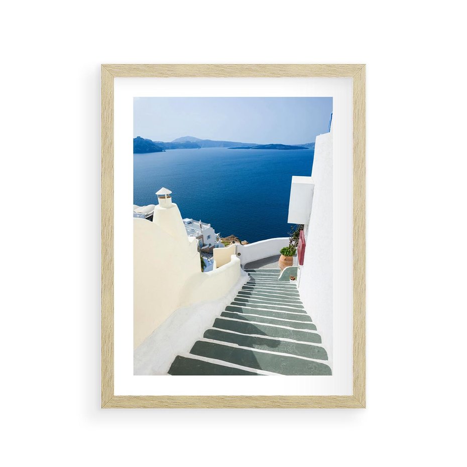 Plakat w ramie 30x40 - Malowniczy urok wyspy - Santorini, schodki - rama drewno