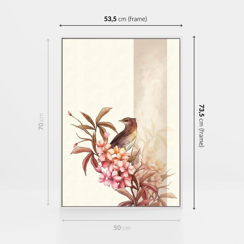 Obraz w ramie 50x70 - Kwiatowe Zanurzenie - japońska sztuka, ptak - rama biała