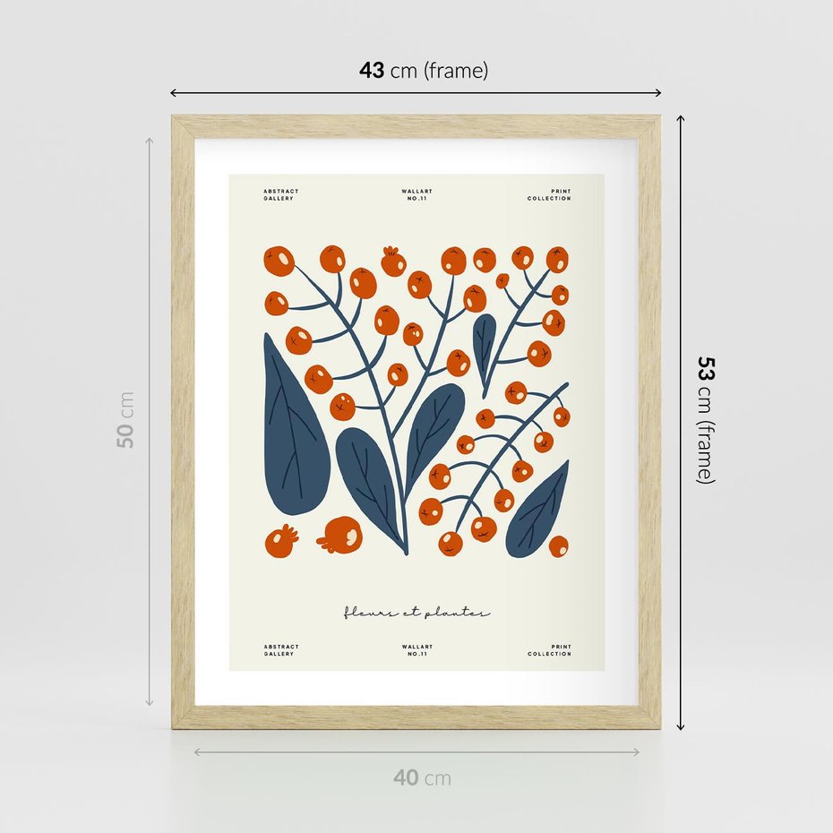 Plakat w ramie 40x50 - Minimalistyczna Uroda Jarzębin - jarzębiny, niebieskie liście - rama drewno