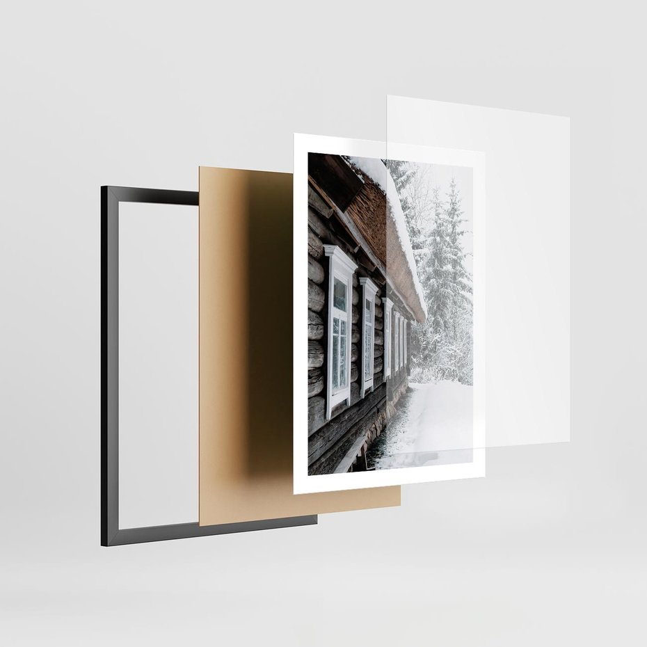 Plakat w ramie 50x70 - Cicha Zima - zima, domek w górach - rama czarna