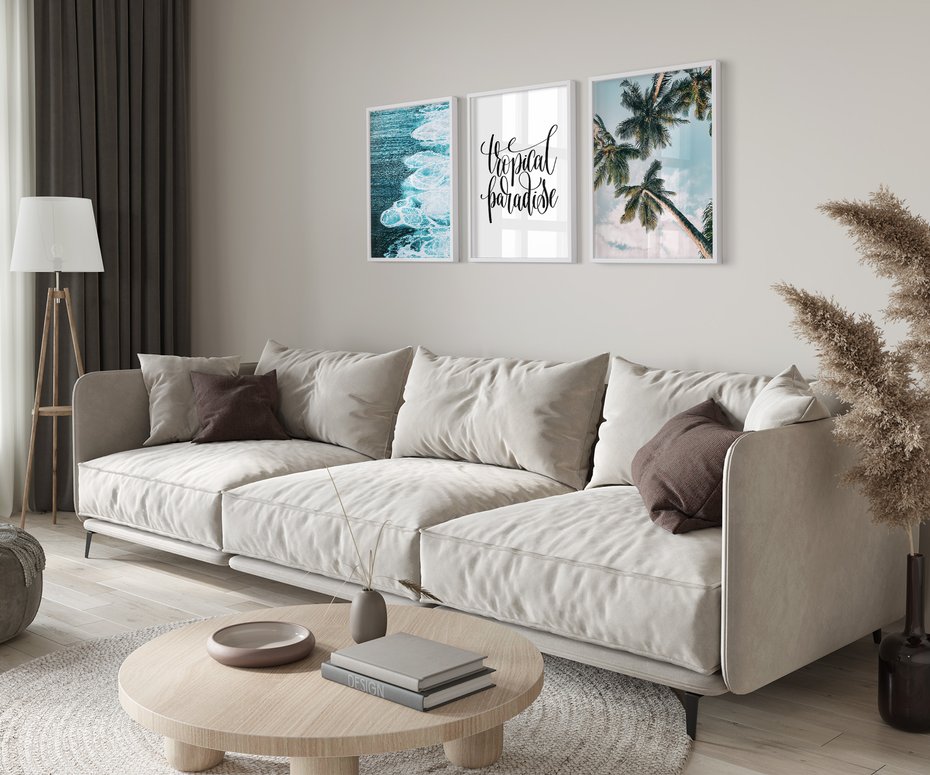 Zestaw obrazy w ramie 50x70 galeria - Tropikalny, napis, cytat, lato, podróż - rama biała