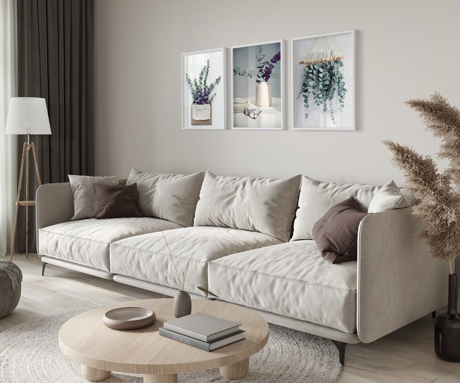 Zestaw obrazy w ramie 40x50 galeria - Eukaliptus, liście, tryptyk, skandynawski - rama biała