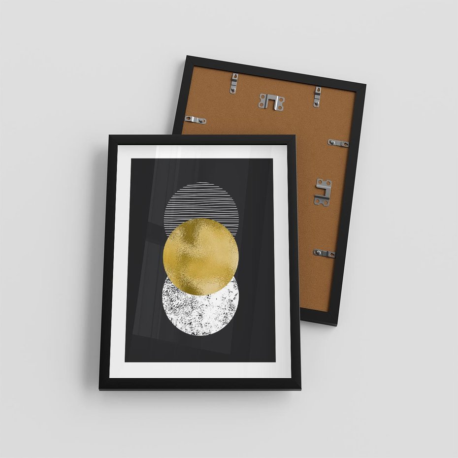 Plakat w ramie 30x40 - Geometryczna Perfekcja: Złote Koło - geometryczna grafika, złote koło - rama czarna