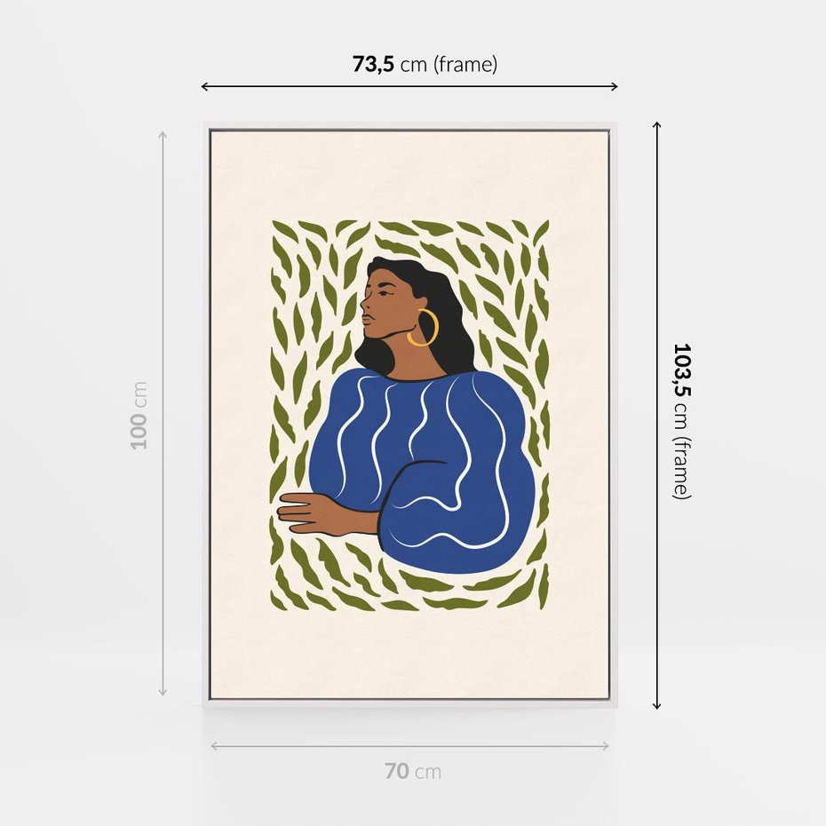 Obraz w ramie 70x100 - Rozbite Barwy - nowoczesny plakat, kobieta otoczona liśćmi - rama biała