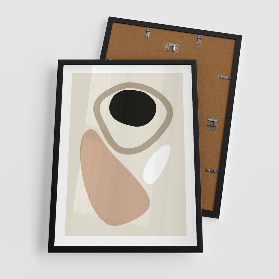 Plakat w ramie 50x70 - Beżowa Synergia - beżowa abstrakcyjna kompozycja, czarny akcent - rama czarna