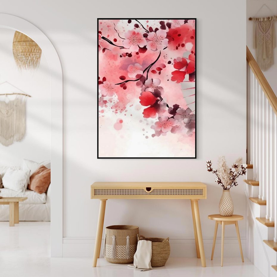 Obraz w ramie 50x70 - Szept Kwitnącej Wiśni - japoński parasol, liście - rama czarna