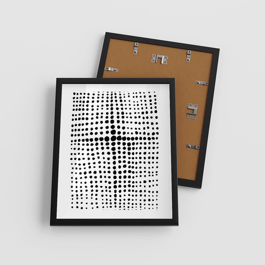 Plakat w ramie 40x50 - Refleksje Monochromatycznych Widoków - abstrakcyjna kompozycja z czarnych kropek, minimalistyczny czarno bialy plakat - rama czarna