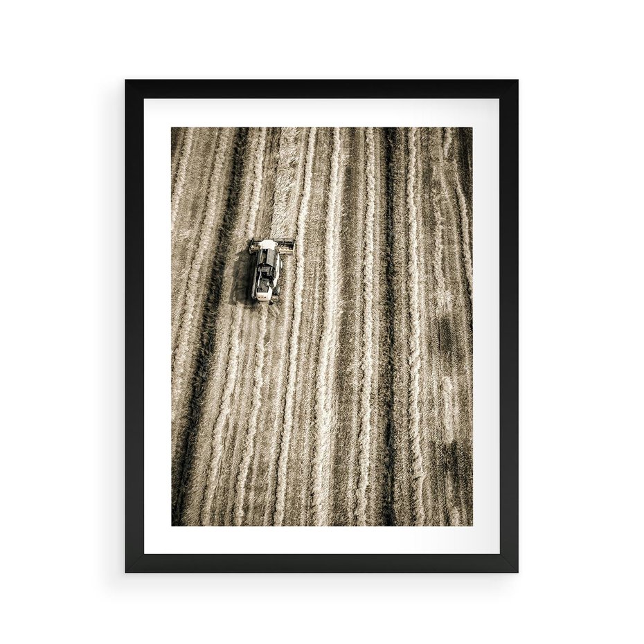 Plakat w ramie 40x50 - Sepia na Polu - kombajn, pole - rama czarna