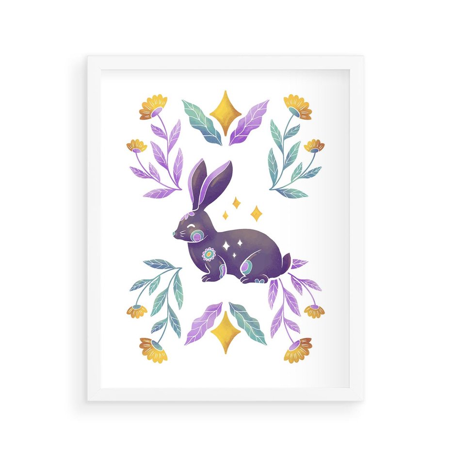 Plakat w ramie 40x50 - Boho Wiatr - boho plakat, królik - rama biała