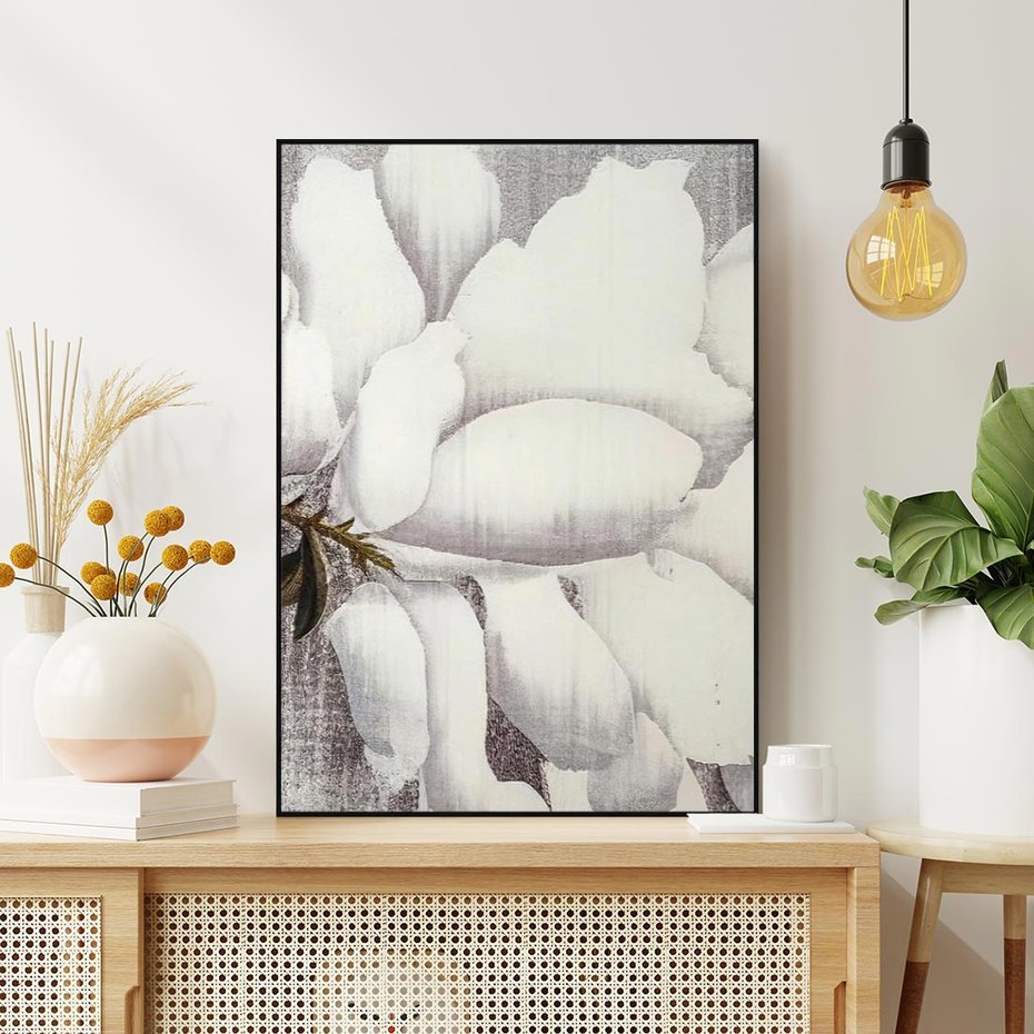 Obraz w ramie 70x100 - Tekstura Kwiatu - białe kwiaty, duży kwiat - rama czarna
