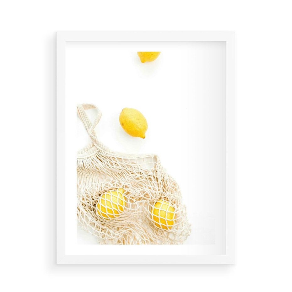 Plakat w ramie 50x70 - Cytrynowa Siatka - cytryny, materiałowa siatka - rama biała