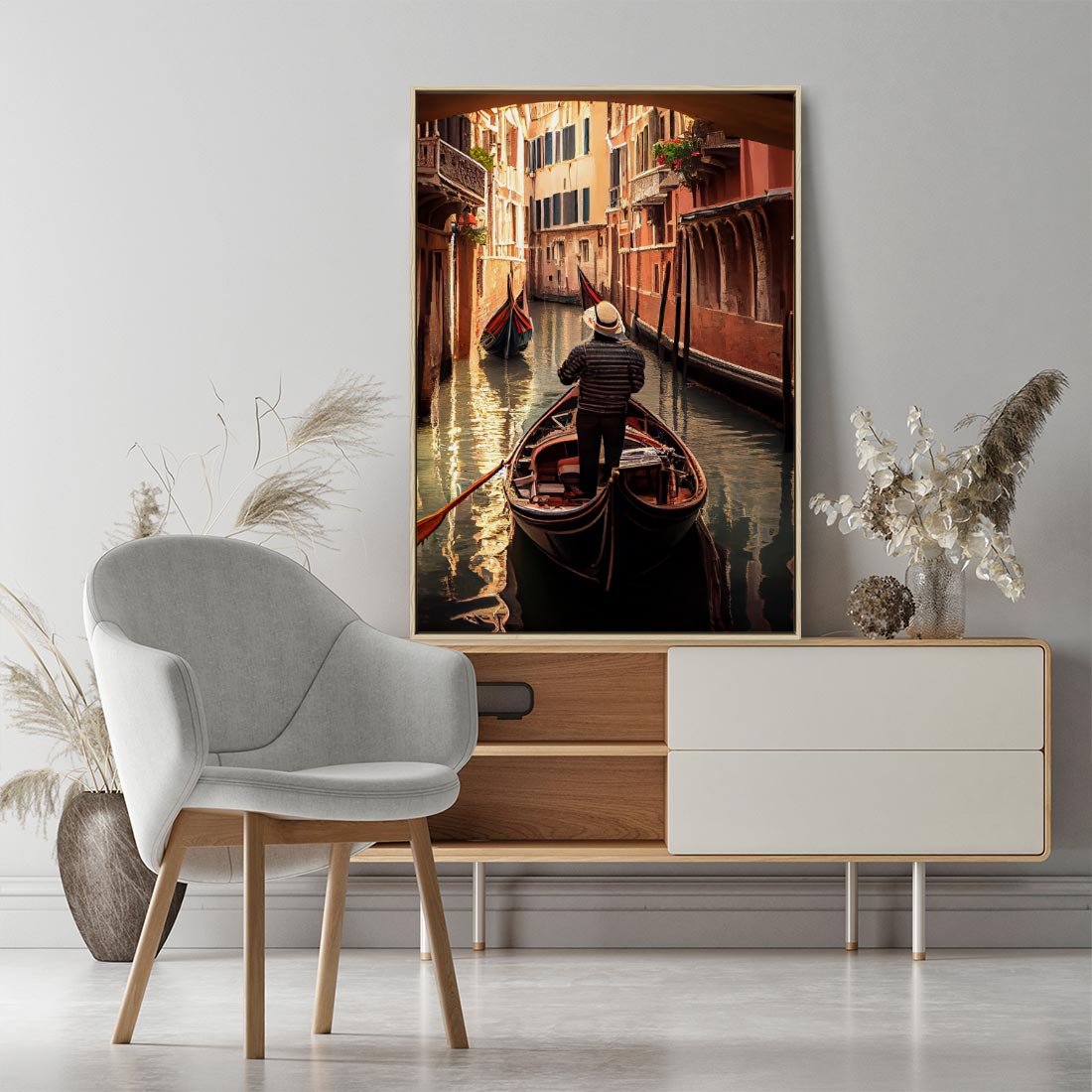 Obraz w ramie 50x70 - Spokojna Wenecja - gondolier w gondoli, kanały Wenecji - rama drewno