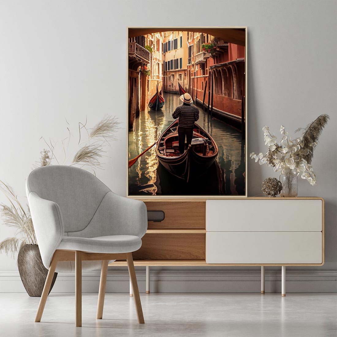 Obraz w ramie 80x120 - Spokojna Wenecja - gondolier w gondoli, kanały Wenecji - rama drewno