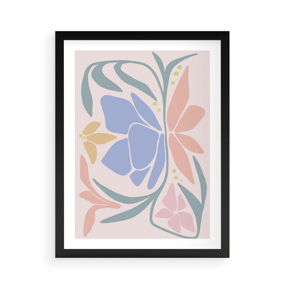 Plakat w ramie 50x70 - Pastele Kwiatowych Plam - pastelowe kwiaty, na beżowym tle - rama czarna