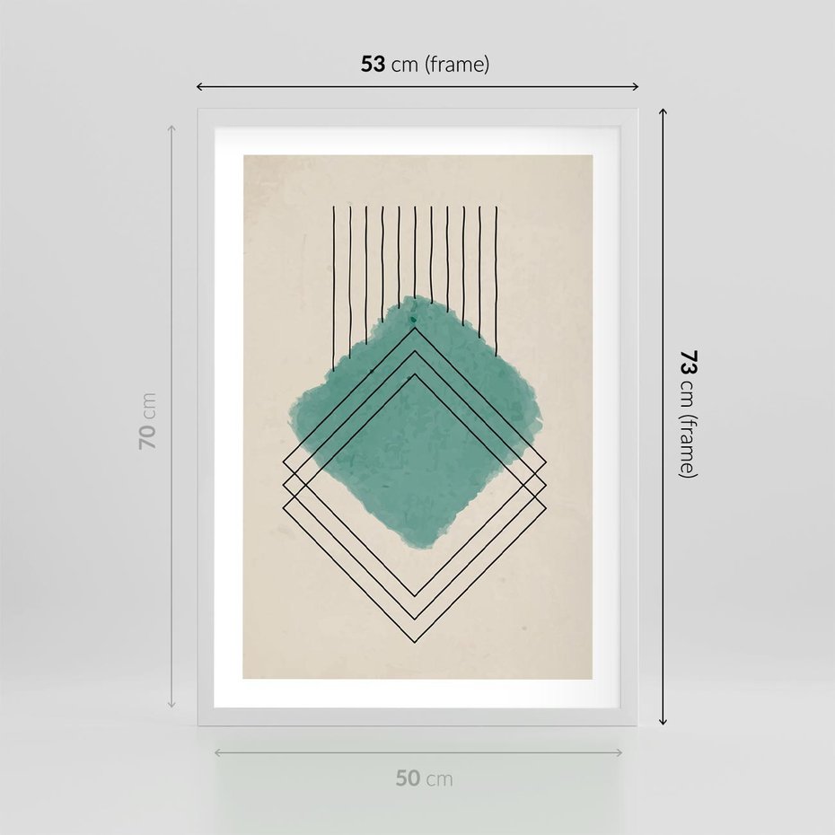 Plakat w ramie 50x70 - Impresje Przestrzeni - akwarelowa plama, geometryczne szkicowane kształty - rama biała