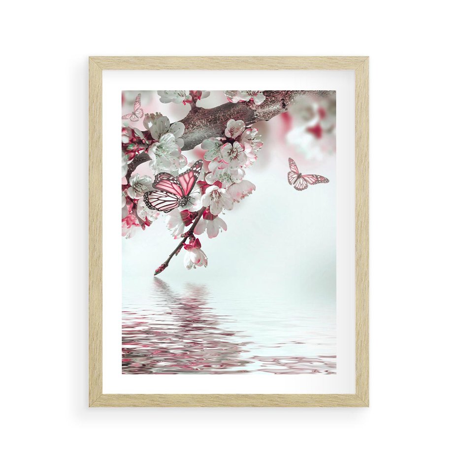 Plakat w ramie 40x50 - Kwiatowa baśń z motylami - kwiaty, motyle - rama drewno