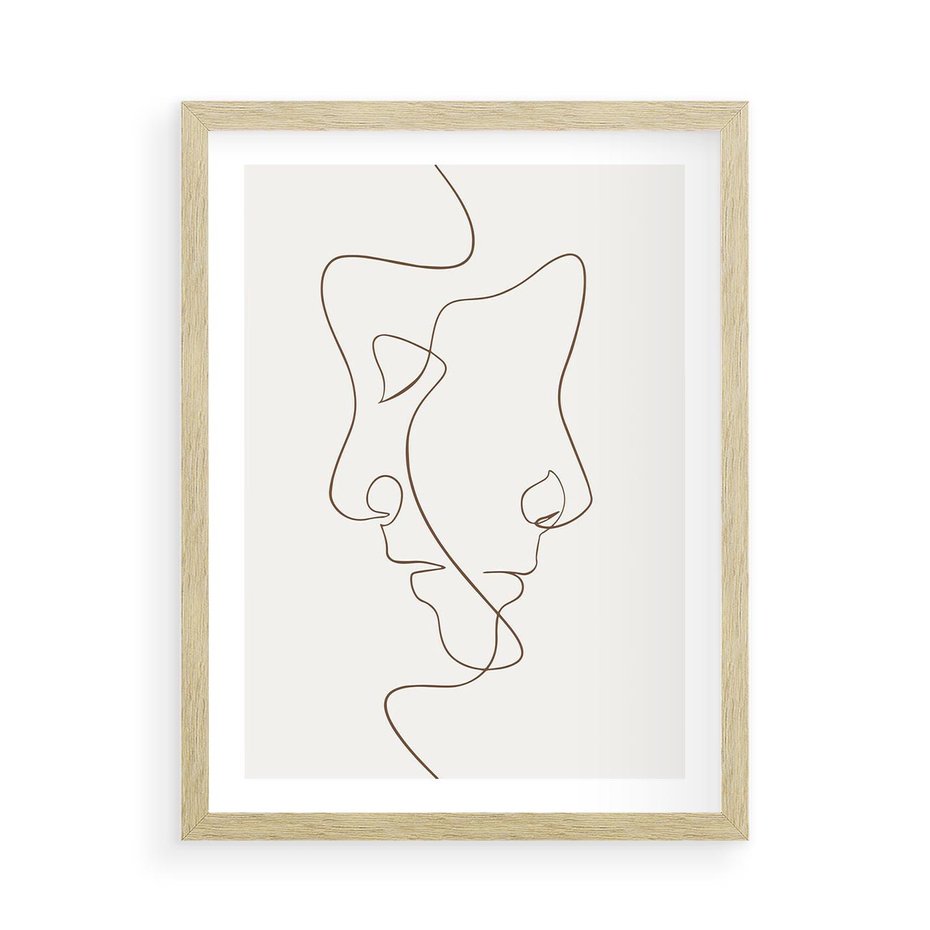Plakat w ramie 50x70 - Jedna Linia, Dwie Twarze - minimalistyczny plakat, dwie twarze - rama drewno