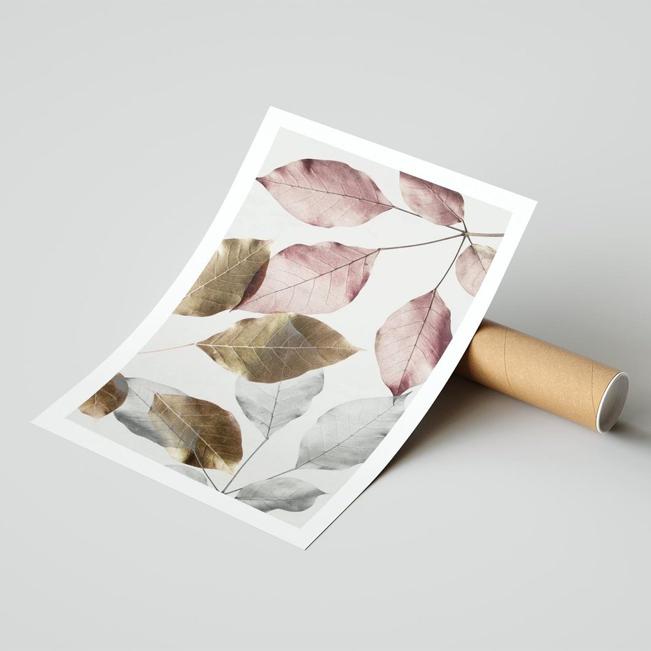 Plakat bez ramy 30x40 - Pastelowe Liście z Nutką Złota - liście, pastelowe kolory