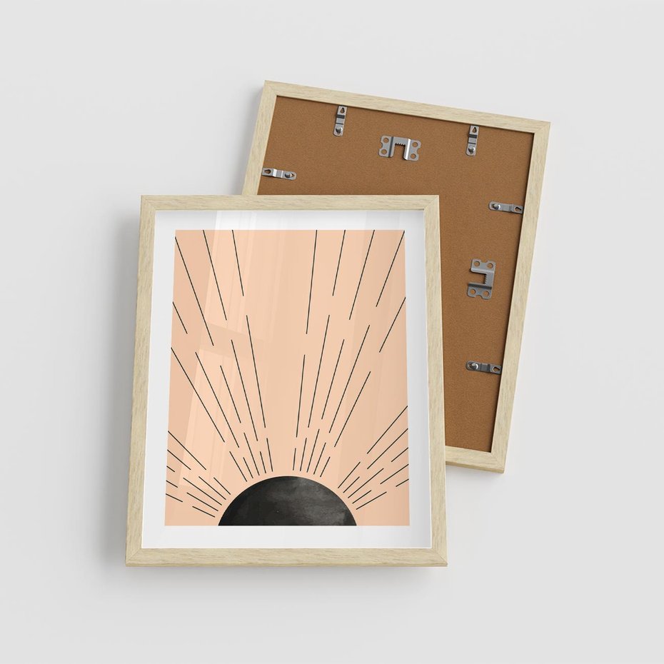 Plakat w ramie 40x50 - Migocące Kształty Promieni - boho czarne słońce, nowoczesna grafika - rama drewno