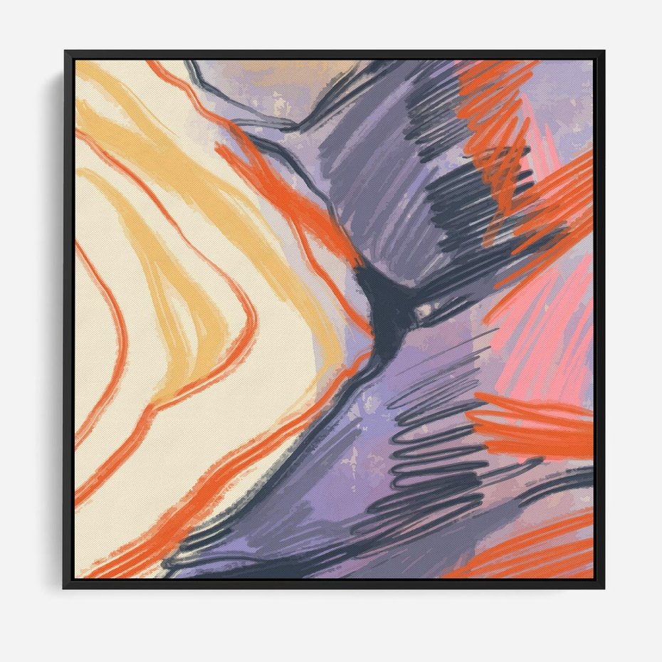 Obraz w ramie 50x50 - Pokreślony Świat - abstrakcyjne formy, odcienie pomarańczu i fioletu - rama czarna