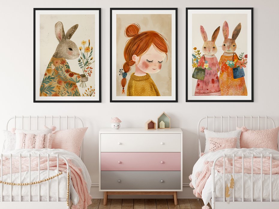 Zestaw obrazy w ramie 40x50 galeria - dla, dzieci, króliki, dziewczynka - rama czarna