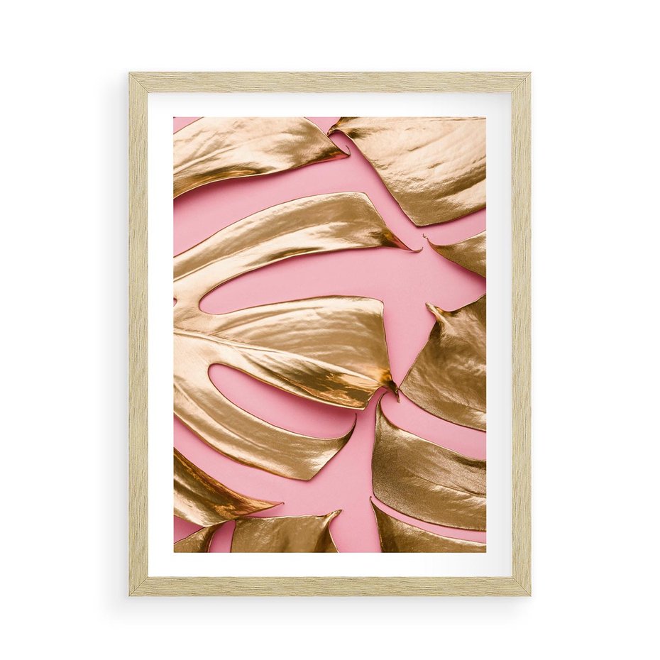 Plakat w ramie 50x70 - Przyjemność w Naturze - złote, liście - rama drewno