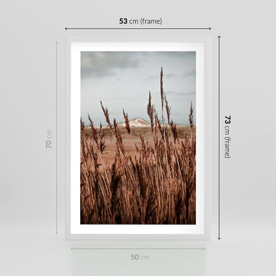 Plakat w ramie 50x70 - Wysokie Trawy w Górskim Krajobrazie - suche trawy, wysokie trawy - rama biała